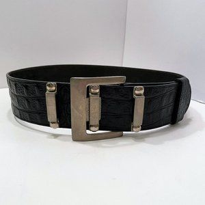 Vintage Mod Dep Black Leather Croc Wide Belt with Unique Silver Buckle Size: 28